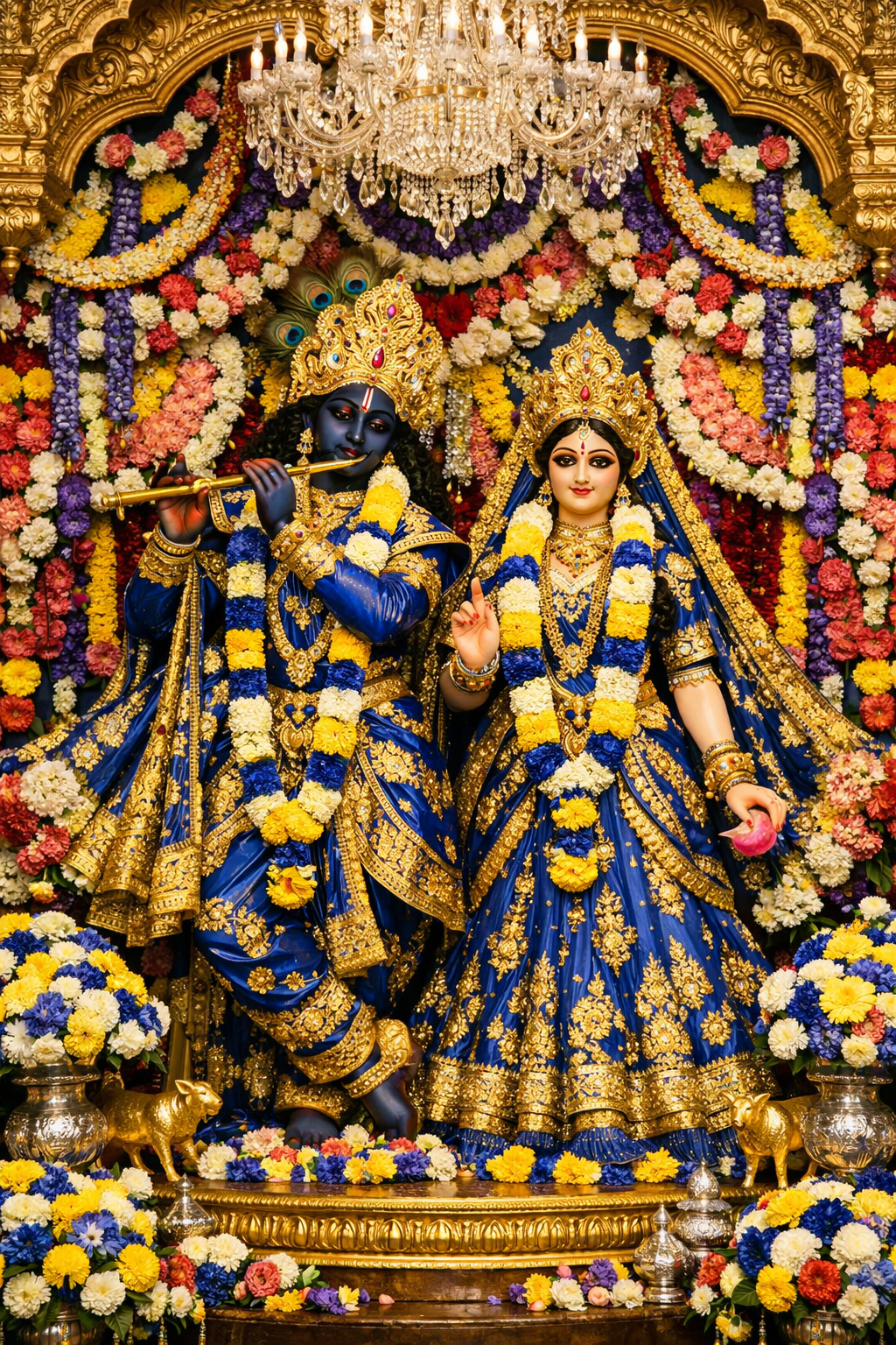 ISKCON Radha Krishna altar decorated with roses orchids and chrysanthemums in symmetric patterns